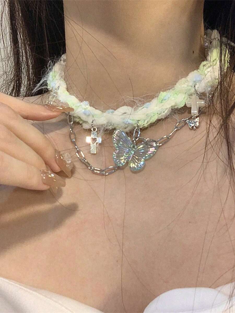 1pc Green Knitted Butterfly Tassel Necklace, Creative Retro Style Collarbone Chain - Green - View 1