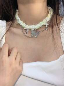 1pc Green Knitted Butterfly Tassel Necklace, Creative Retro Style Collarbone Chain - Green - View 4