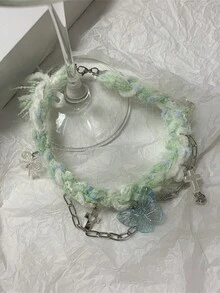 1pc Green Knitted Butterfly Tassel Necklace, Creative Retro Style Collarbone Chain - Green - View 3