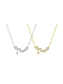 1 件奢华时尚 925 纯银不对称方晶锆石吊坠长链项链，适合女士，适合派对、生日或情人节礼物 - 銀色 - 查看 1