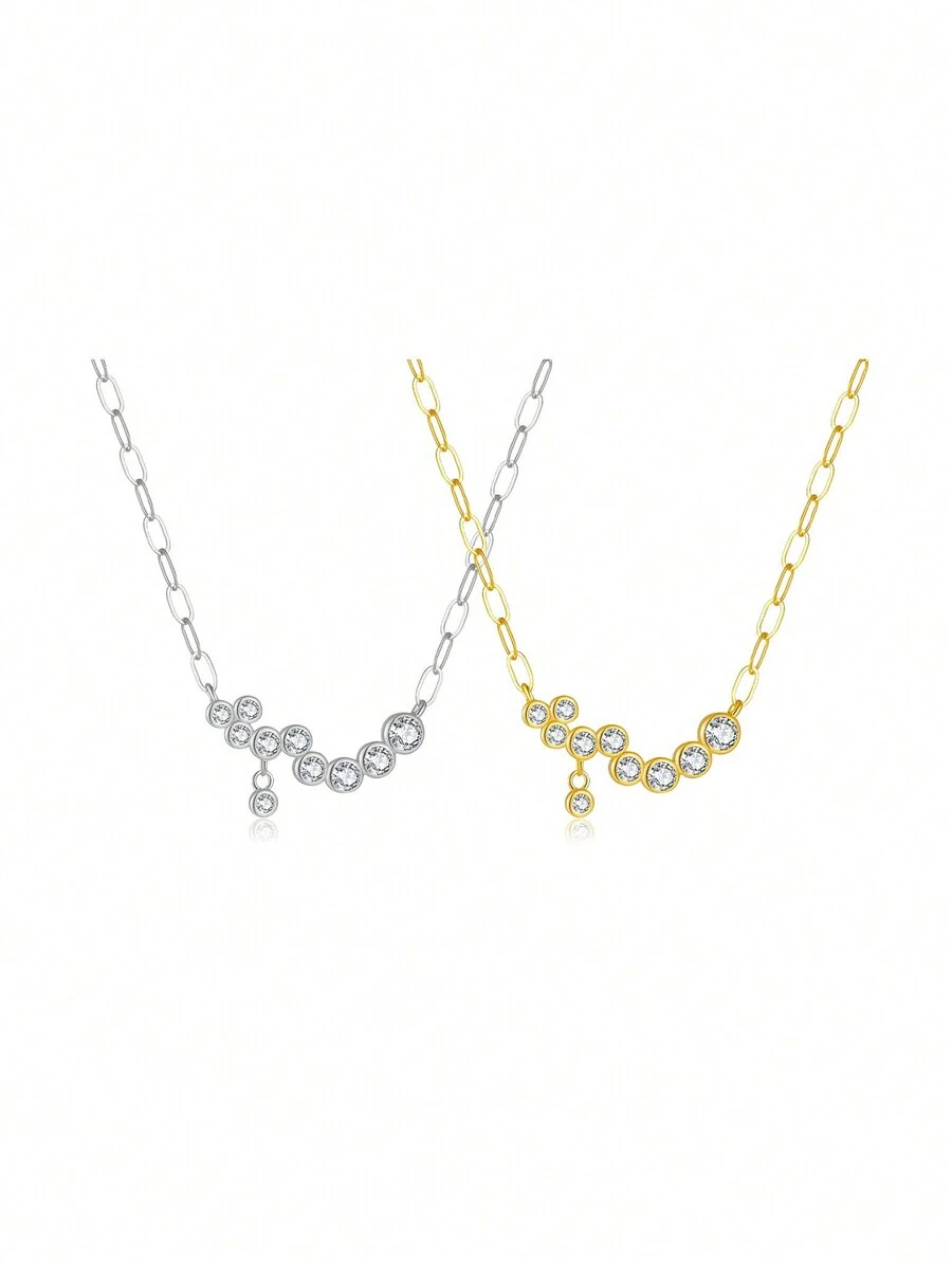 1 件奢华时尚 925 纯银不对称方晶锆石吊坠长链项链，适合女士，适合派对、生日或情人节礼物 - 銀色 - 查看 1