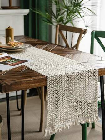 1片牛奶白色流蘇裝飾編織餐墊,餐桌裝飾用品,適用於西式餐廳