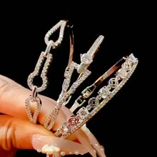 3pcs/Set Popular Geometric Design & Diamond-Inlaid Bangle Bracelet, Versatile And Luxurious Wristband - Silver - View 1