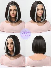 Pelucas Multicolores De 14 Pulgadas De Longitud Negra Media Con Parte Corta Recta Sintética Para Mujeres, Pelucas Para Uso Diario Y De Fiesta - Dos Tonos - Ver 8