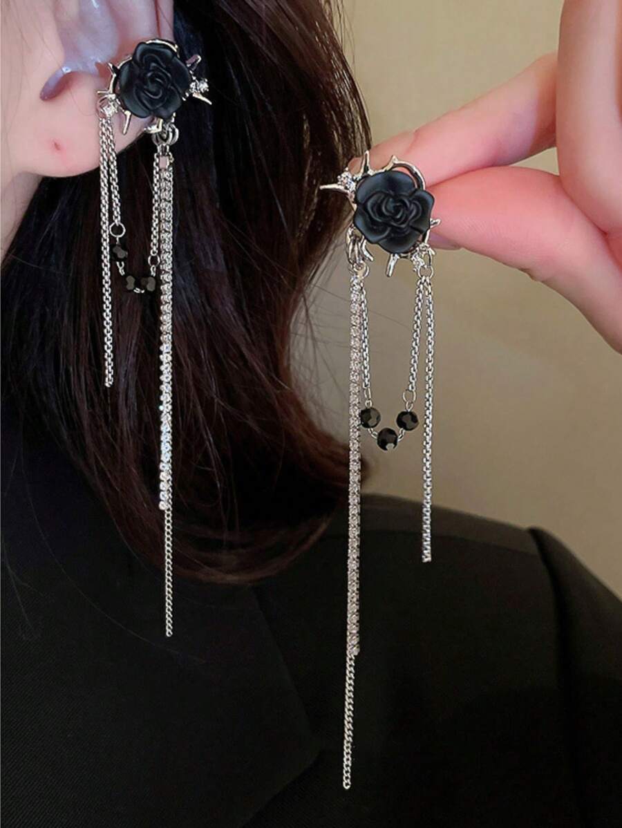 1對女士鏈條珠子裝飾吊墜耳環 - 銀色 - 查看 1