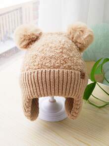 適合秋冬日的嬰兒針織耳帽,加厚防風保暖帽適用於男女嬰兒 - 卡其色 - 查看 5