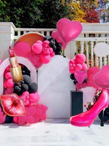 89pcs/Set Hot Pink & Black Balloon Garland Kit With Heart, Lips Printed Balloons, High Heel Shaped Balloons, Ideal For Girls' Parties, Bachelorette Parties, Birthday Balloons Decorations, Valentine's Day Decorations, - 彩色 - 查看 5
