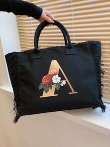 新品流蘇大容量個性化字母設計肩袋,時尚多用途斜背包、手提包,適用於學生、購物等 - 黑色 - 查看 4