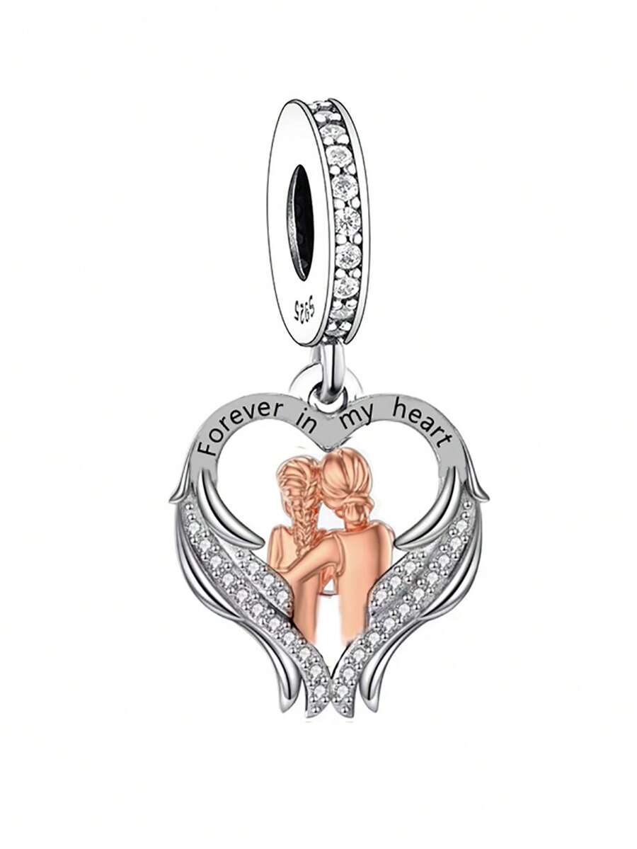 1pc 925 Sterling Silver Two-Tone 'Forever In My Heart' Heart Shaped Pendant With Bead, Memorial Mother's Day Gift - Silver - View 1
