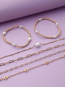 6 cái Cổ điển & Thanh lịch Ngọc trai Giả Chuỗi Thời trang Bộ vòng đeo tay Thích hợp Đối với Của phụ nữ Mặc hàng ngày - Vàng - Xem 5