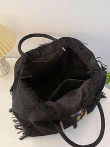 新品流蘇大容量個性化字母設計肩袋,時尚多用途斜背包、手提包,適用於學生、購物等 - 黑色 - 查看 3