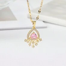 1個鍍銅淚滴形粉紅珠寶項鍊,鍍不鏽鋼鏈,適合禮物和女性派對穿搭 - 金色 - 查看 4