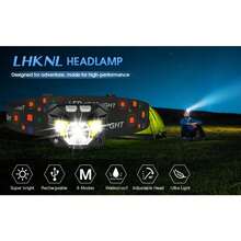 1200流明超輕量高亮led可充電頭燈,帶白紅光,8種模式防水運動感應頭燈,適用於戶外露營、跑步、釣魚 - 黑色 - 查看 11