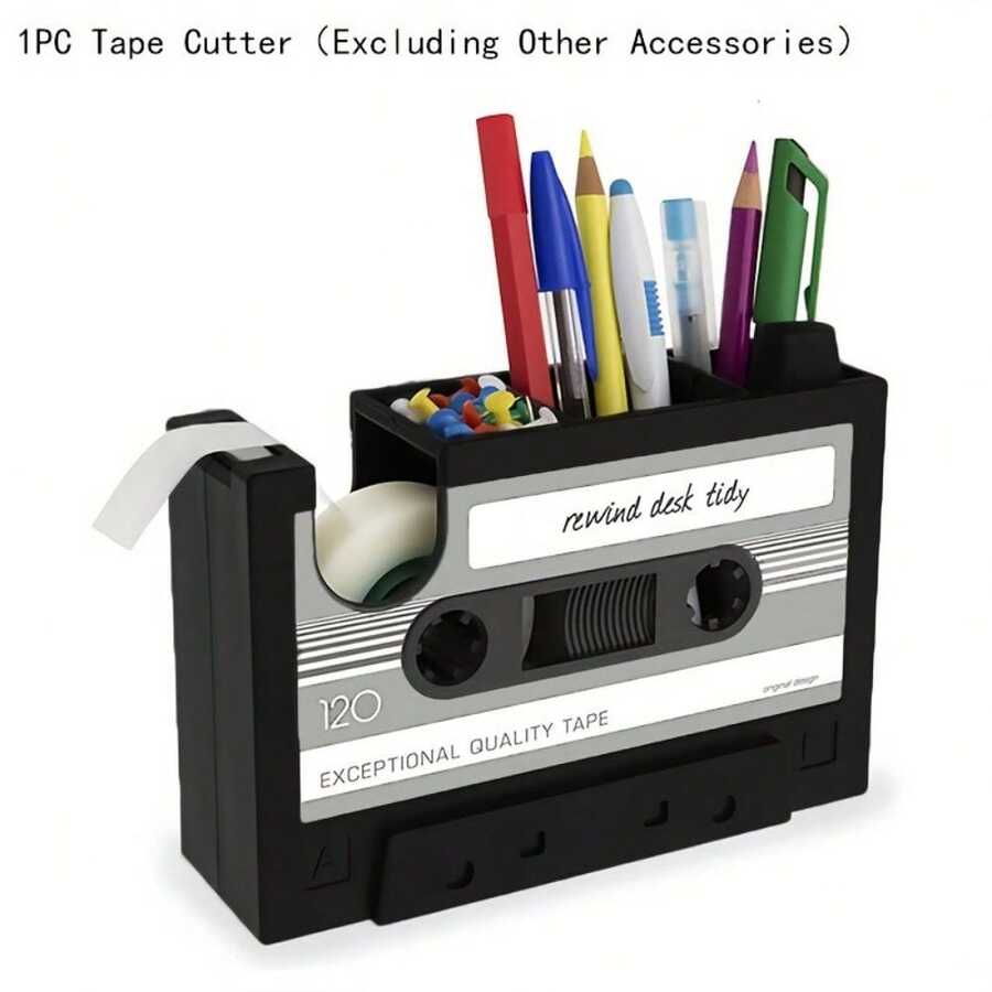 1pc Tape Dispenser With Pen Holder, The Retro Cassette Tape Dispenser (Does Not Include Accessory) - Black - View 1
