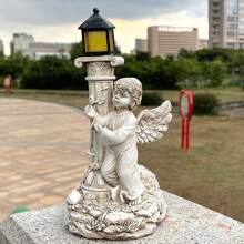1pc Solar Powered European Style Roman Column Angel Ornament Lamp, Resin Craft For Garden, Living Room Decoration, Outdoor Garden Lighting For Pathway, Yard, Patio - Black and White - View 3