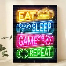 1 pieza Pintura en lienzo de Controlador de juegos de neón "Vida de gamer" para decoración de baño, dormitorio, oficina, sala de estar - Decoración del hogar perfecta