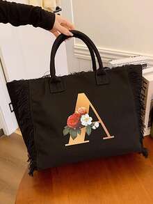 新品流蘇大容量個性化字母設計肩袋,時尚多用途斜背包、手提包,適用於學生、購物等 - 黑色 - 查看 6