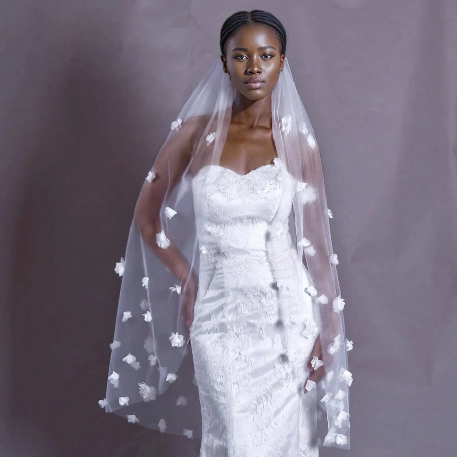 1pc Romantic 3d Flower Embellished Short 1.2m Bridal Wedding Veil With Soft Tulle, Single Layer Wedding Accessory Fall Clothes For Women - White - View 1