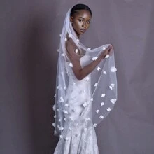 1pc Romantic 3d Flower Embellished Short 1.2m Bridal Wedding Veil With Soft Tulle, Single Layer Wedding Accessory Fall Clothes For Women - White - View 2