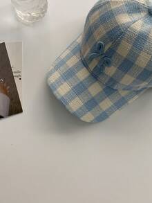 1pc Colorful Plaid Embroidery Bowknot Flat Cap, Unisex All-Match Sun Hat With Curved Brim - Baby Blue - View 4