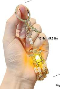 1pc Ladies' Gold Chinese Style Tassel Led Lighted Keychain With Pavilion & Palace Lamp Design, Lobster Clasp Keyring/Chain - A Fun & Unique Gift Suitable For Best Friends Gift, Sister Gift, Couples Gift. - Gold - View 2