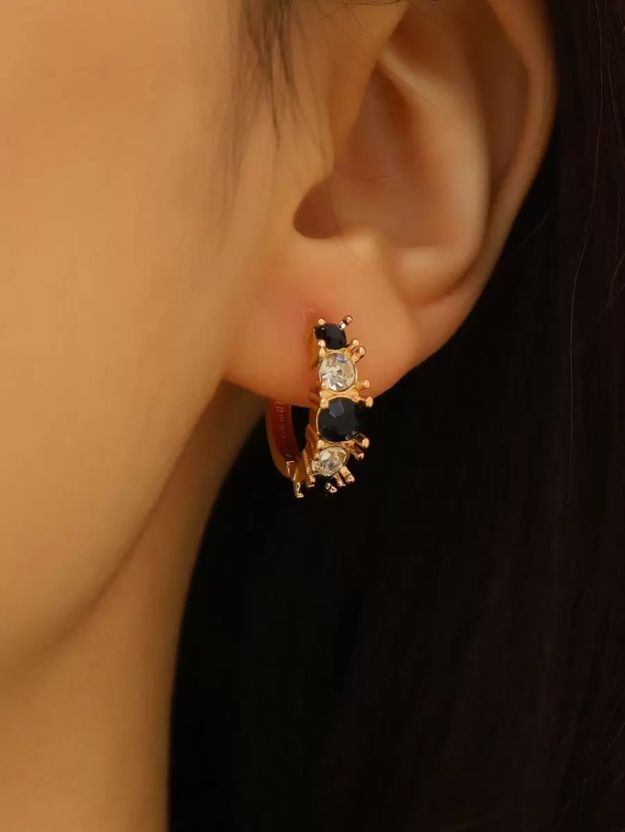 1pair Copper Inlaid Rhinestone Fashionable Hoop Earrings - Navy Blue - View 1