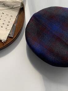 1個純色格紋布貝雷帽,羊毛製成,全季節通用,ins風格,扁頂 - 藏蓝色 - 查看 5