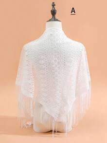 1入組女士白色針織空心花邊和流蘇細節三角圍巾,全季節適用的休閒風格多功能披肩,日常、防曬、透氣、頭巾 - 彩色 - 查看 2