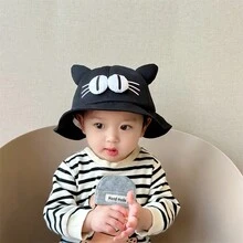 嬰兒帽子春秋輕便嬰兒太陽帽可愛的3D貓形無性別桶帽適合男女寶寶，1-3歲 - 黑色 - 查看 3
