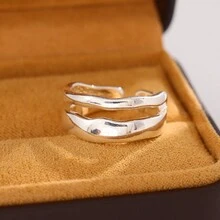 1pc Stylish Double Layer Glossy Wave Design Two-Tone Open Ring Suitable For Women's Daily Wear - Silver - View 5