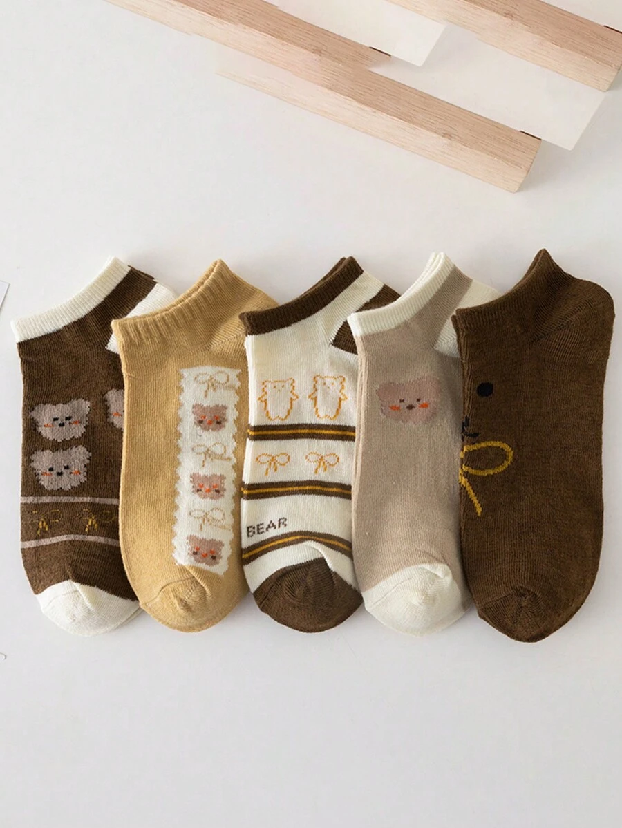 5pairs Women's Short Socks With Bear Print - Multicolor - View 1