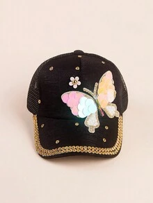 1pc Kids Girls Handmade Sequin Large Bow Mesh Breathable Baseball Cap, Casual Wear - Black - View 2