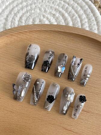 High-End Chinese Style 10 Pieces Set Of Long Nails, New Chinese Style Butterfly Personalized Manicure, Fake Nails, Suitable For Daily Wear At Parties And Dances Press On Nails Nail Supplies