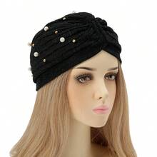 Z.H.A 1 件人造珍珠裝飾頭巾帽閃光褶皺彈性頭巾盤花純色無簷小便帽頭巾化療帽 - 銀色 - 查看 1