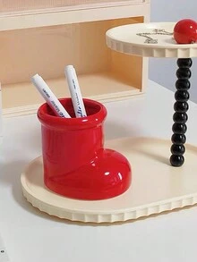 1pc Ceramic Pen Holder With High Aesthetic Value, Desktop Makeup Brush Storage Container Or Decorative Vase, Festive Decoration, Red Shoes Design With Floral Patterns - Red - View 11