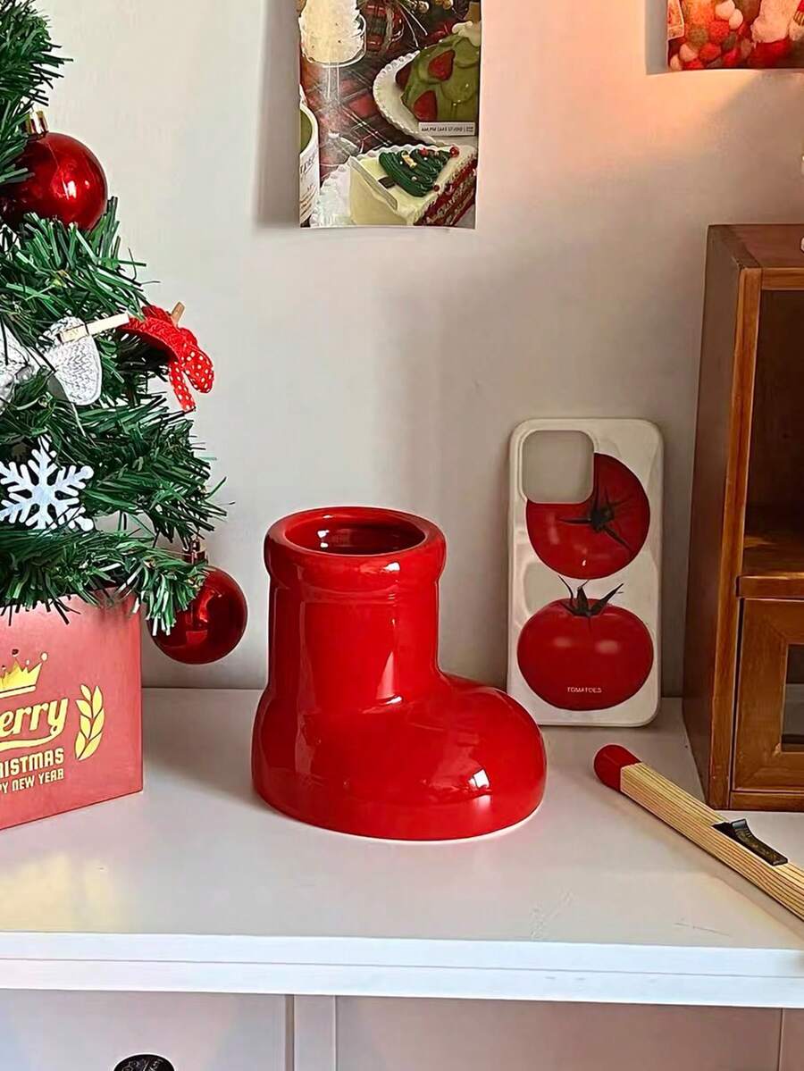 1pc Ceramic Pen Holder With High Aesthetic Value, Desktop Makeup Brush Storage Container Or Decorative Vase, Festive Decoration, Red Shoes Design With Floral Patterns - Red - View 1