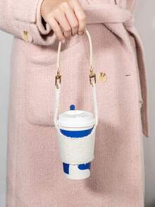 毛绒杯套白色饮料手提包奶茶咖啡杯旅行收纳袋小行李箱配件家居邮轮必需品旅行包迷你便携式旅行收纳袋便携式假日收纳袋 - 白色 - 查看 1