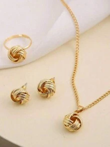 4pcs/Set Women's Twisted Knot Jewelry Set Including Knotted Necklace, Earrings And Ring - Yellow Gold - View 3