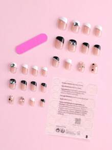 24入組短方形閃亮鑽石和陰陽黑白法式珍珠美甲貼片,附1支美甲文件和1支啫喱膠 - 黑與白 - 查看 3