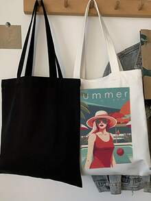 Beekinn Rabbit And Bear Pattern Canvas Tote Bag, Reusable Casual Shoulder Shopping Handbag Cotton Bag,Fashion Large Capacity Tote Bag Cartoon Gift Teacher Gift Bag On Christmas And Halloween For Mother's Day - Beige - View 5