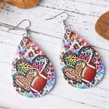 1pair Women's Double-Sided Pu Leather Teardrop-Shaped Earrings With Football Leopard Print Overlapping Heart Pendant - Multicolor - View 4