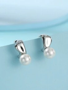 European And American Style Faux Pearl Copper Earrings, Fashionable Stud For Women's Daily Wear - Silver - View 4