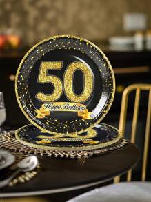 8Pcs 9 Inch Black Gold 30 Years Old Birthday Party Paper Plates,30th Disposable Tableware,  Family Holiday Party Disposable Paper Plates,Scene Decor, Birthday Decorations Supplies - 50 Years Old - View 3