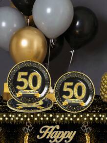 8Pcs 9 Inch Black Gold 30 Years Old Birthday Party Paper Plates,30th Disposable Tableware,  Family Holiday Party Disposable Paper Plates,Scene Decor, Birthday Decorations Supplies - 50 Years Old - View 2
