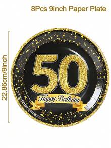 8Pcs 9 Inch Black Gold 30 Years Old Birthday Party Paper Plates,30th Disposable Tableware,  Family Holiday Party Disposable Paper Plates,Scene Decor, Birthday Decorations Supplies - 50 Years Old - View 4