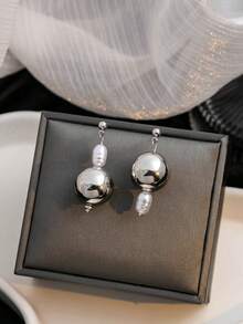 1 对银色海洋风格高端不对称圆形珍珠耳环，复古精致优雅女士耳环 - 銀色 - 查看 2