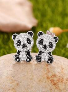 1對可愛的熊貓立體鋯石耳釘,女性用於婚禮周年慶祝派對首飾情人節禮物 - 1# - 查看 2