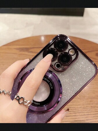 1入組紫色透明電鍍tpu防震手機殼+1入紫色漸變閃粉卡貼+1入紫色電鍍cd磁性手機支架。適用於iphone,三星,小米,oppo手機。