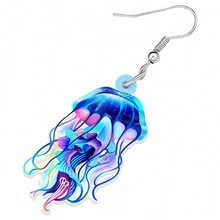 丙烯酸藍色海洋水母動物垂墜耳環,時尚珠寶派對裝飾女士女孩禮品 - 藍色 - 查看 4