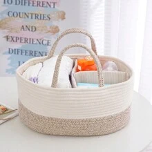 1 pieza Cesta de almacenamiento multifuncional, organizador portátil con divisiones para botellas, pañales, artículos esenciales para bebés, cesta de lavandería tejida a mano con cuerda, contenedor de almacenamiento de gran capacidad para el hogar, dormitorio, juguetes, uso en exteriores